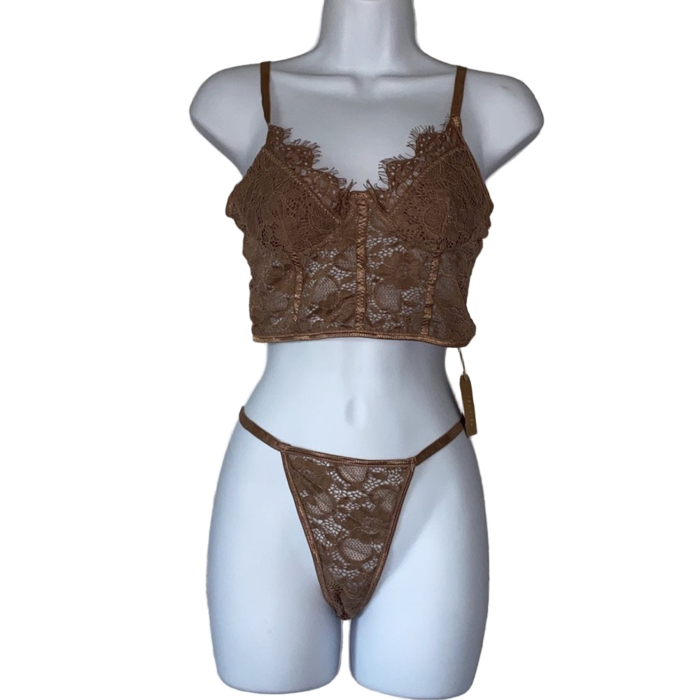 Brown Lace Bra & Thong Lingerie Set NWT feminine lace floral sheer - Picture 2 of 2